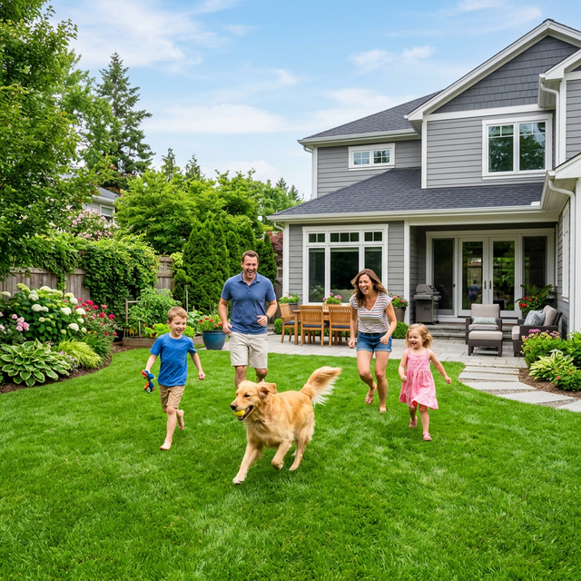 Happy family and pet playing securely on a pristine, pest-free lawn